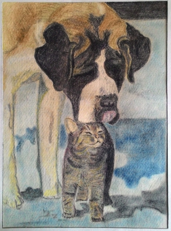 Dog & Cat (ART_5172_30063) - Handpainted Art Painting - 8in X 12in