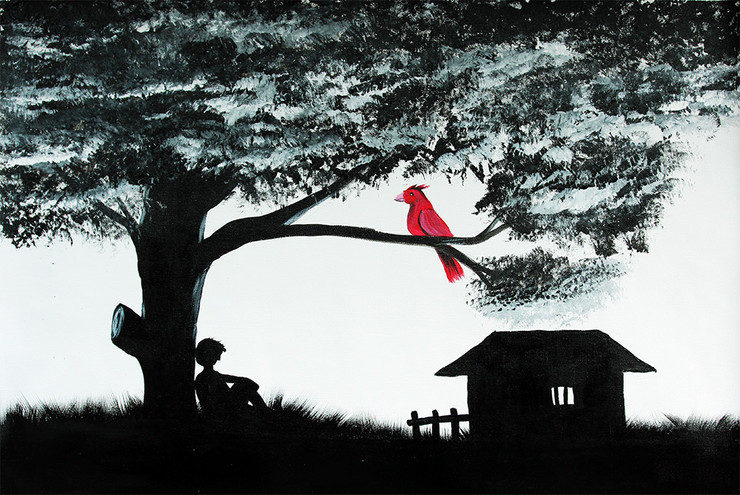 Red Bird and Lonely Boy (ART_5357_31110) - Handpainted Art Painting - 30in X 20in