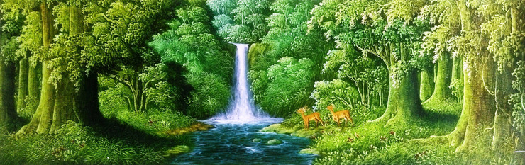 Two deer waterfall (ART_5368_31290) - Handpainted Art Painting - 37in X 14in