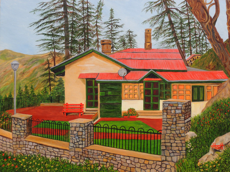 Dream House in Shimla (ART_2948_29029) - Handpainted Art Painting - 40in X 30in (Framed)