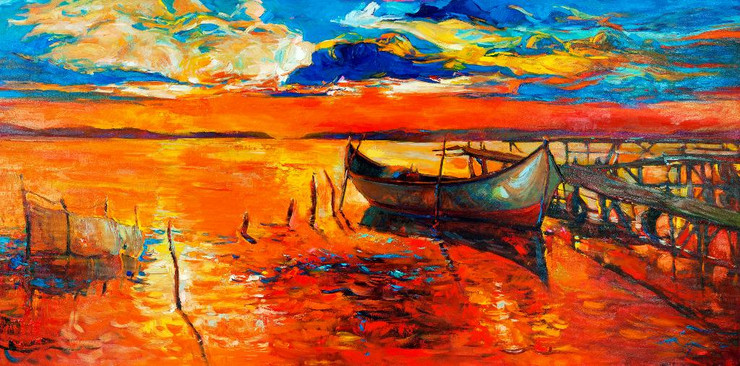 Boat Near The Shore With Bridge (PRT_897) - Canvas Art Print - 24in X 12in