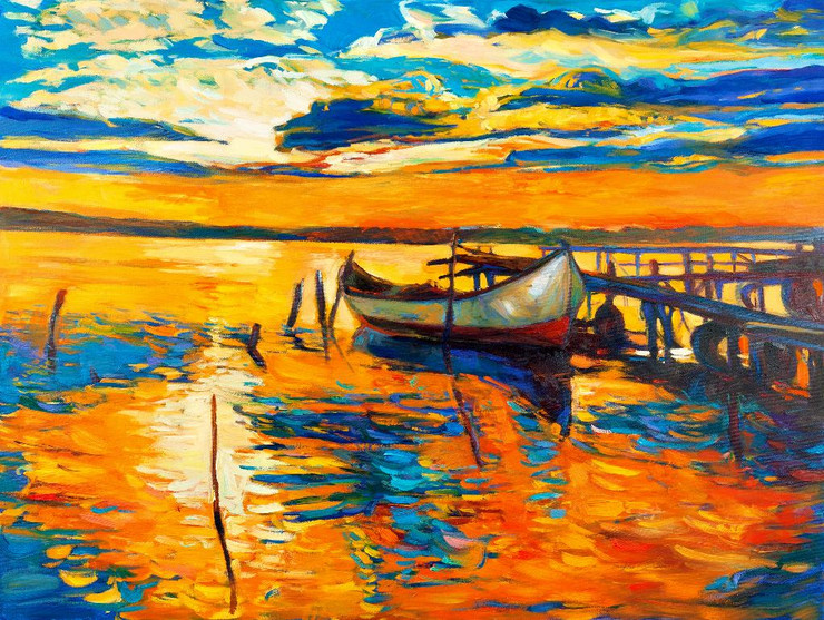Boat At Bay Against A Dramatic Background (PRT_884) - Canvas Art Print - 20in X 15in
