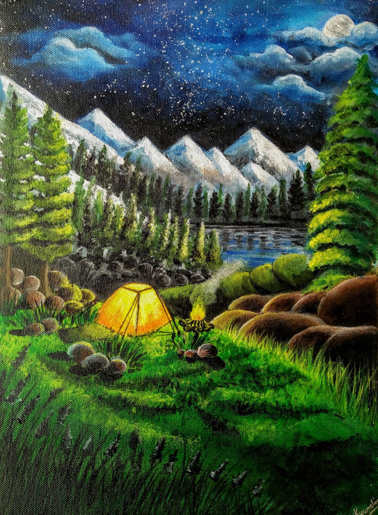 Camping in nature (ART_5261_31437) - Handpainted Art Painting - 12in X 16in