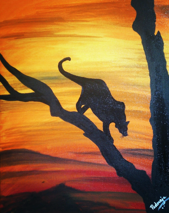 Panther in the Sunset (ART_5414_31444) - Handpainted Art Painting - 12in X 16in