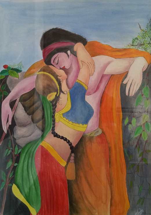 KRISHNA AND RADHA (ART_4826_31175) - Handpainted Art Painting - 23in X 32in