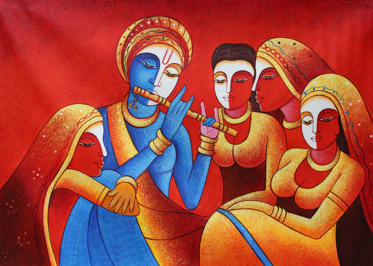 Krishna Playing Flute with Gopis (ART_3319_31510) - Handpainted Art Painting - 36in X 24in