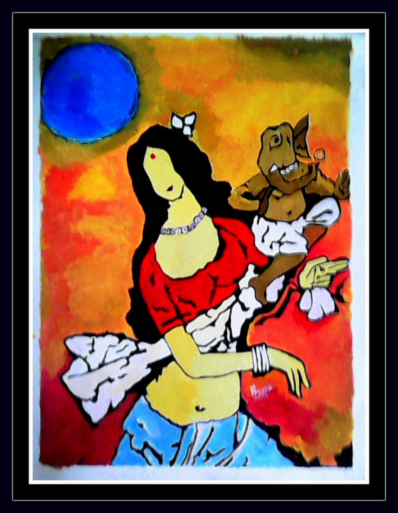 Ganesha With Parvati Maa - 17in X 23in (Border Framed),ART_PHME05_1723,Artist Paresh More,Ganesha With Parvati,Maa Parvati - Buy Online painting in india