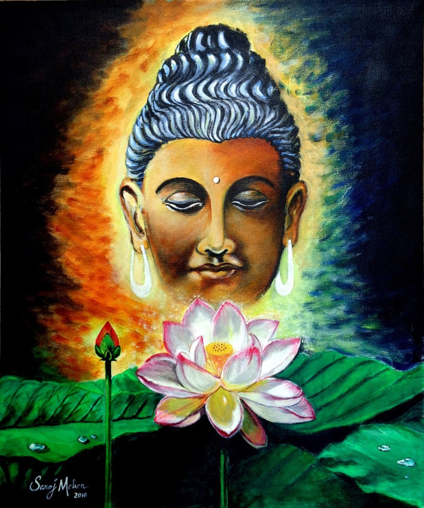 Lord Buddha (ART_1543_13177) - Handpainted Art Painting - 20in X 24in (Framed)