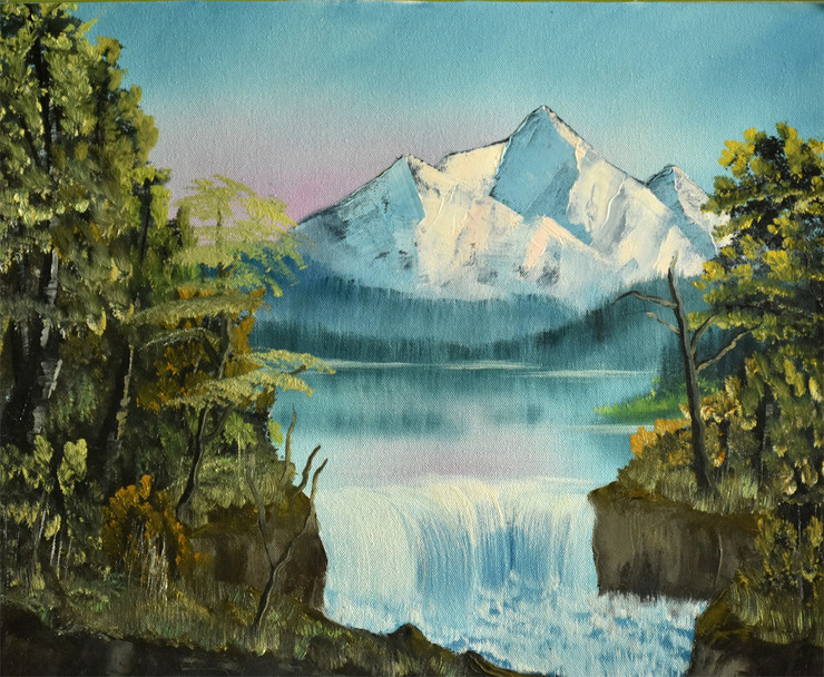 Waterfall in mountain ( 19 x 15 inch ) (ART_976_6458) - Handpainted Art Painting - 19in X 15in