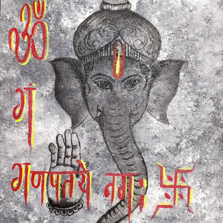 Ganpati (ART_5595_32305) - Handpainted Art Painting - 12in X 16in