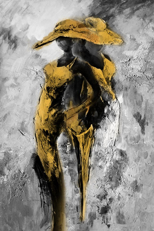 31Gold74  - 24in X 36in,31Gold74 _2436,Oil Colors,Canvas,Two girls with hat standing,golden girls,Silver Background,Abstract girls,Museum Quality - 100% Handpainted,Black, Dark Shades,60X90 Size,Gold and Silver Art Canvas Painting Buy canvas art pain