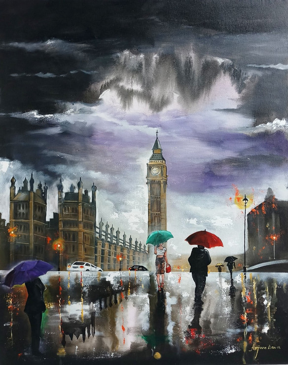 Rainy day in london (ART_82_31262) - Handpainted Art Painting - 24in X 30in