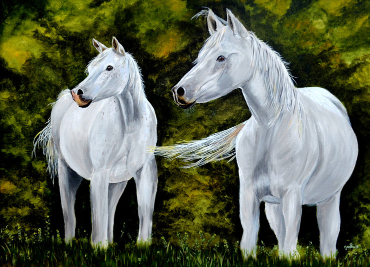 White Beauties - Horse Painting (ART_2666_32372) - Handpainted Art Painting - 33in X 25in (Framed)