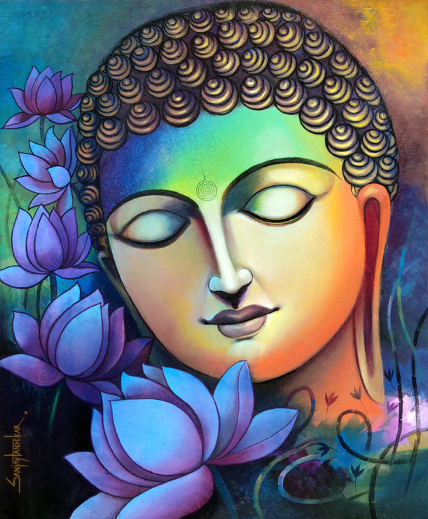 Buddha With Lotus (ART_3298_32683) - Handpainted Art Painting - 30in X 36in
