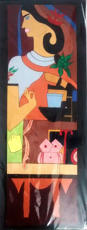 At Kitchen - 16in X 42in (Stretcher Framed),ART_AHGE03_1642,Artist Ashish Gade,Lady at kitchen,Kitchen stuff- Buy Online painting in india