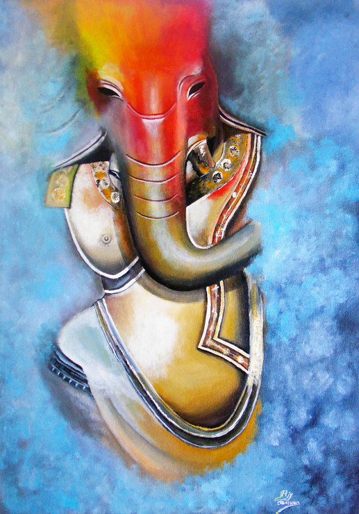 SHREE GANESHA (ART_5097_32841) - Handpainted Art Painting - 16in X 23in