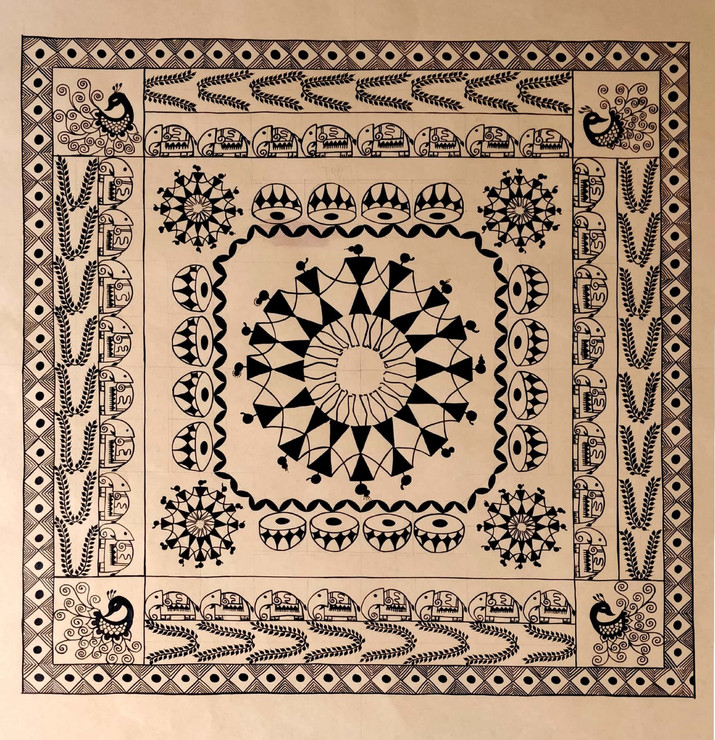 Nature's Music-Warli Painting (ART_3906_31079) - Handpainted Art Painting - 19in X 19in