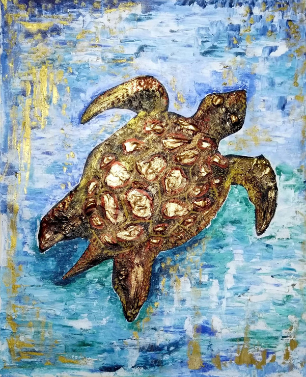 Gesso metallic turtle  (ART_5700_32806) - Handpainted Art Painting - 22in X 26in