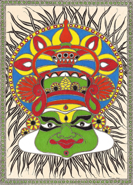 Madhubani kathakali painting (ART_5636_32789) - Handpainted Art Painting - 21in X 29in