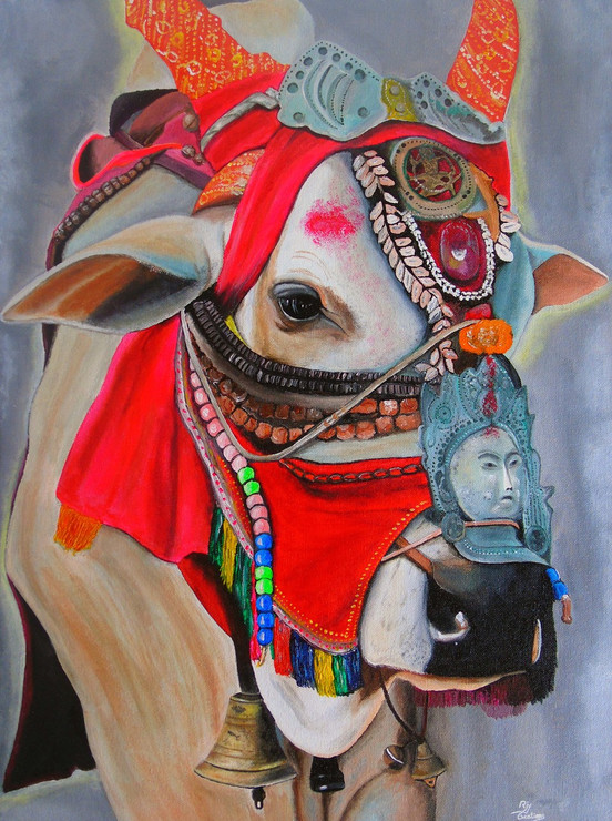 Tibetan Holy Cow (ART_5097_33104) - Handpainted Art Painting - 17in X 23in