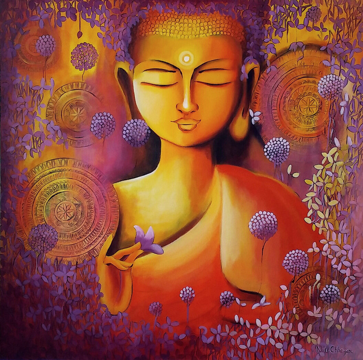 GLIMPSE OF BUDDHAS ENLIGHTENMENT 2 (ART_3702_33683) - Handpainted Art Painting - 36in X 36in