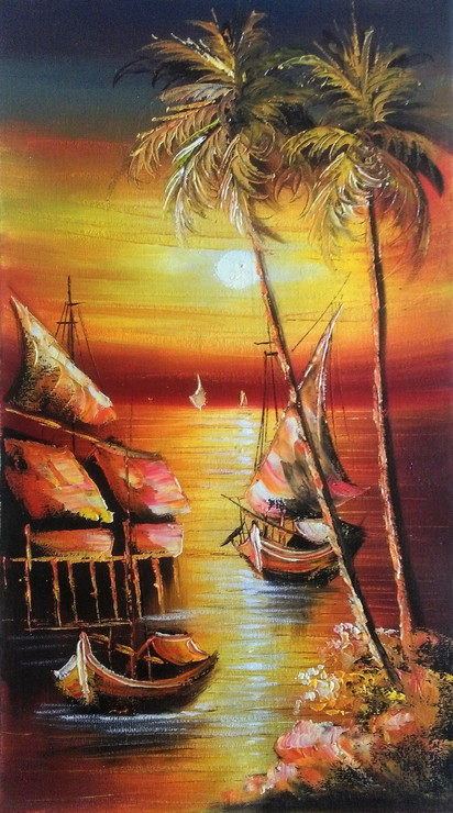 Island Harbour - 5 (ART_5368_33832) - Handpainted Art Painting - 11in X 21in