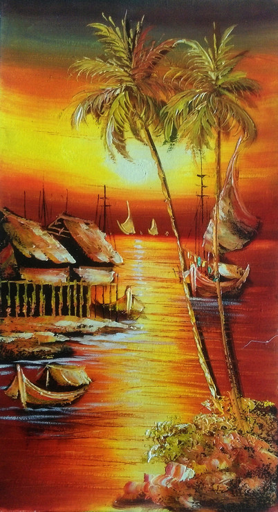 Island Harbour - 4 (ART_5368_33831) - Handpainted Art Painting - 11in X 21in