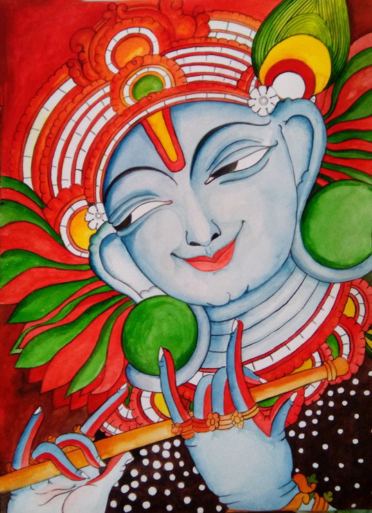 Krishna Mural (ART_1359_18740) - Handpainted Art Painting - 11in X 15in