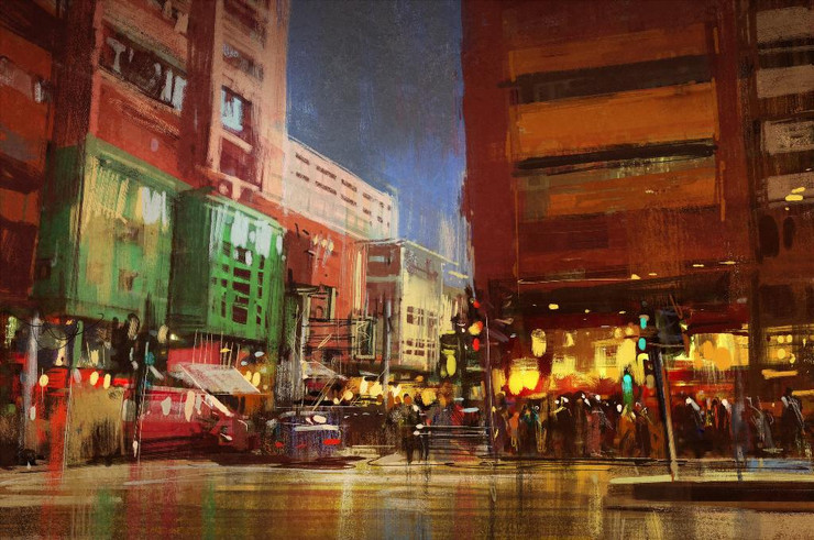Urban Street With Buildings 2 (PRT_1016) - Canvas Art Print - 22in X 14in