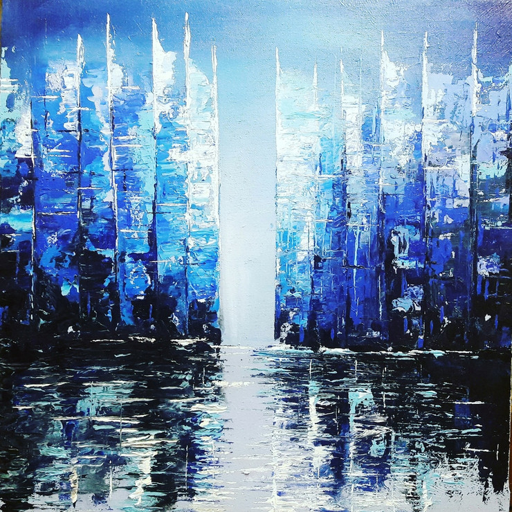 Cityscapes water blue (ART_5870_34233) - Handpainted Art Painting - 18in X 20in