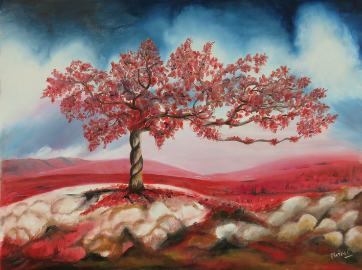 Tree on rock (ART_5859_34114) - Handpainted Art Painting - 25in X 19in