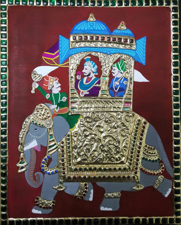 Elephant Howdah-Tanjore (ART_65_34107) - Handpainted Art Painting - 14in X 17in (Framed)