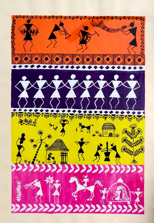 Warli Sandwich (ART_3906_34246) - Handpainted Art Painting - 15in X 20in (Framed)