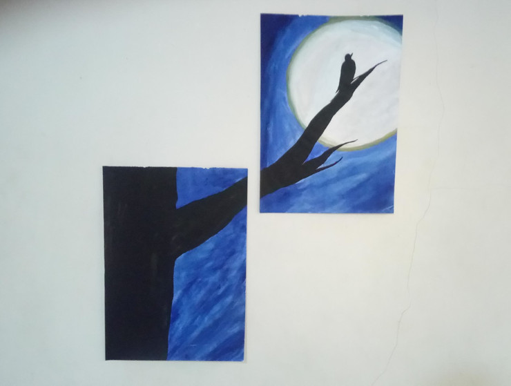 Bird in a blue night.  (ART_5893_34275) - Handpainted Art Painting - 10in X 14in
