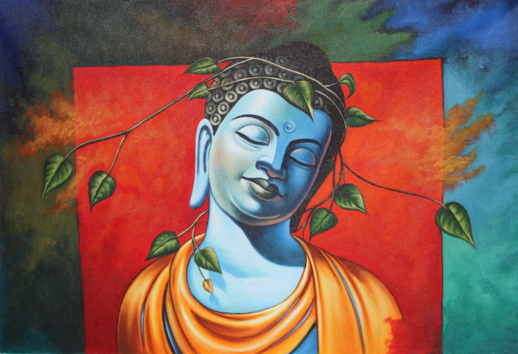 Lord Buddha With Leaves-1 (ART_3319_31767) - Handpainted Art Painting - 36in X 24in