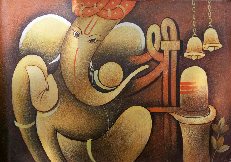 Ganesha With Shivling (ART_3319_31287) - Handpainted Art Painting - 36in X 24in