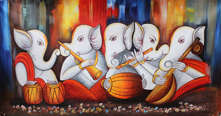 Musical Ganesha-8 (ART_3319_31152) - Handpainted Art Painting - 48in X 24in