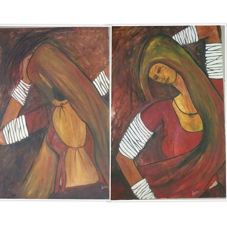 Rajasthani Lady dancing pose (ART_6019_34816) - Handpainted Art Painting - 26in X 38in (Framed)