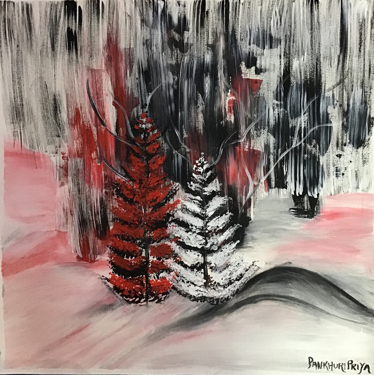 Red & white pine tree (ART_5134_34913) - Handpainted Art Painting - 25in X 25in