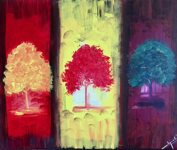 Blissful Trees (ART_6084_35118) - Handpainted Art Painting - 24in X 20in (Framed)