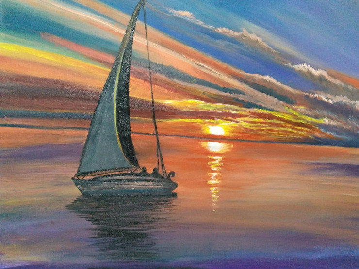 Dawn at Sea (ART_6109_35201) - Handpainted Art Painting - 18in X 12in