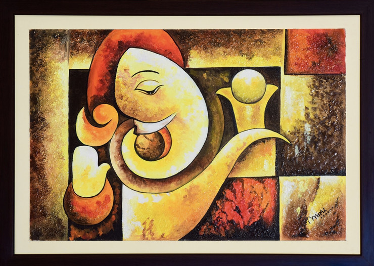 Ganesha (ART_6105_35211) - Handpainted Art Painting - 43in X 31in (Framed)