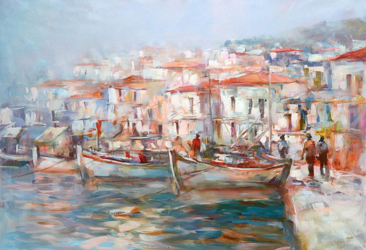 Boats On The Island Harbor 10 (PRT_1099) - Canvas Art Print - 31in X 21in