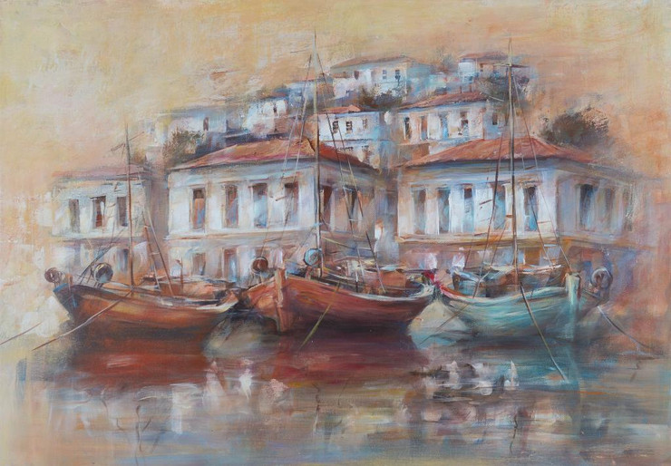 Boats On The Island Harbor 12 (PRT_1101) - Canvas Art Print - 31in X 21in