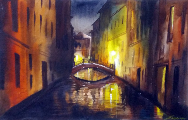 Night Venice Canals _ Watercolor on paper  (ART_1232_35283) - Handpainted Art Painting - 20in X 13in