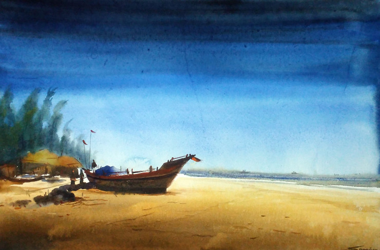 Monsoon Seashore - Watercolor on Paper (ART_1232_35281) - Handpainted Art Painting - 22in X 15in