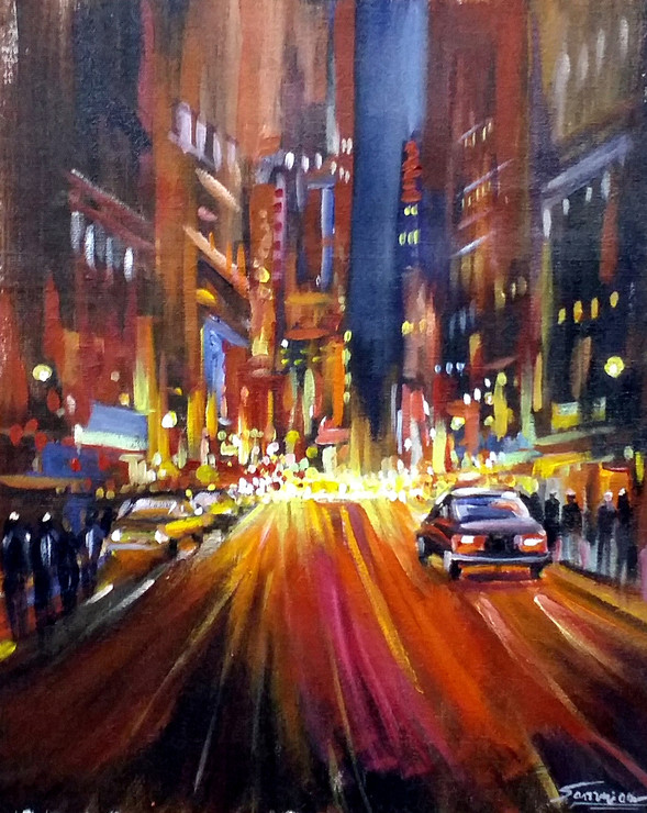 City Night Street (ART_1232_35329) - Handpainted Art Painting - 14in X 12in