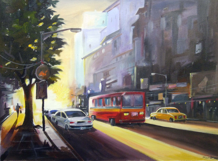 Morning City Light (ART_1232_35327) - Handpainted Art Painting - 23 in X 17in