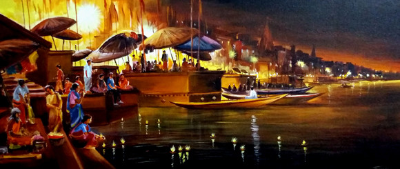 Festival Night at Varansi Ghat (ART_1232_15740) - Handpainted Art Painting - 36in X 16in