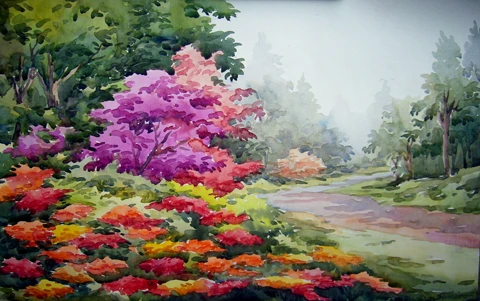 Flowers garden landscape (ART_1232_14222) - Handpainted Art Painting - 22in X 14in